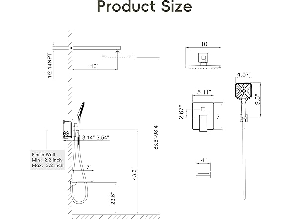 Gabrylly Shower System w/ Tub Spout, Wall Mounted