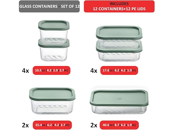 EATEX 12 Pack Glass Meal Prep Containers Sage