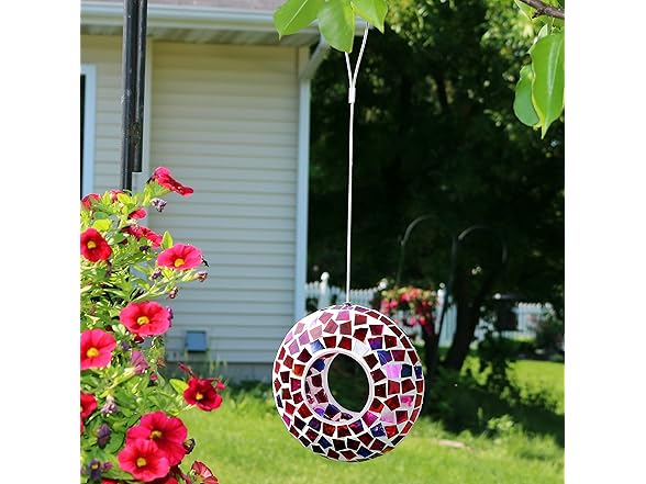 Sunnydaze 6-Inch Glass Mosaic Hanging Bird Feeder, Crimson Mosaic
