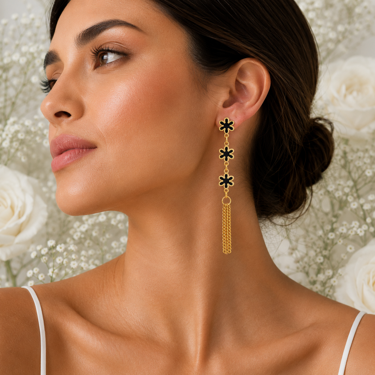 18K Gold Black Flower Tassel Earrings - Gallery 5