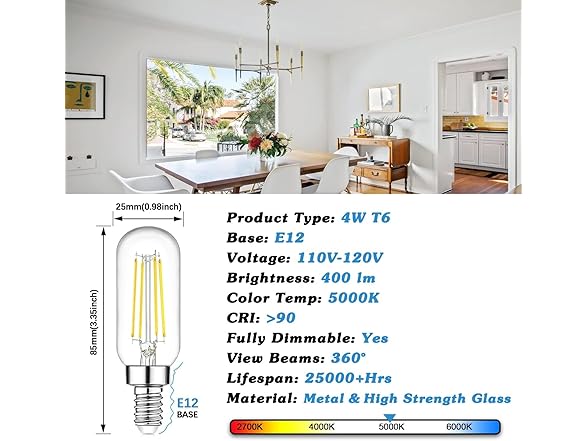 E12 LED Light Bulbs 40 Watt Equivalent, 4W Candelabra