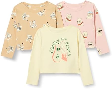 Amazon Essentials Girls' Long Sleeve T Shirts, Pack of 3, Cool Cat/Tiger/Tropical Fruit, XX-Large