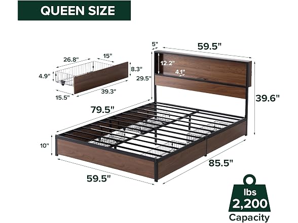 Zinus Kai Platform Bed Frame, Four Underbed Storage Drawers, Queen