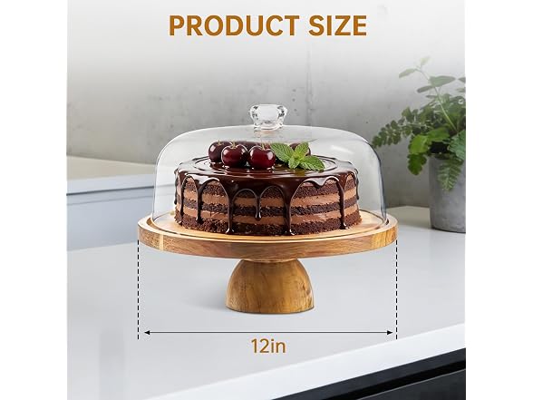 Takywep 2-in-1 Acacia Wood Cake Stand with Large Acrylic Dome 