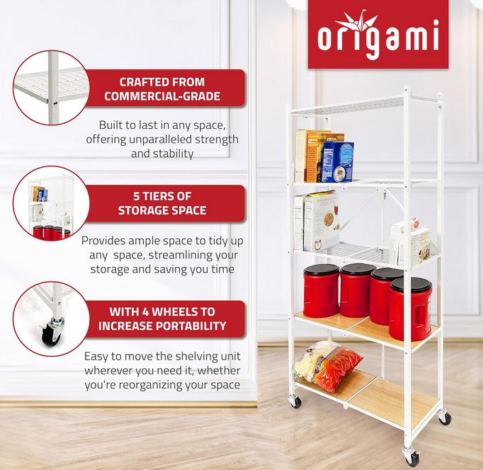 Origami 5-Tier Foldable Metal Shelf w/ Wheels - Gallery 12