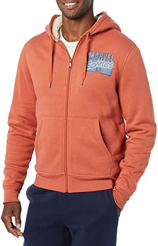 Amazon Essentials Disney | Marvel | Star Wars Men's Sherpa-Lined Full-Zip Hoodie Sweatshirts, Marvel Comic Logo, X-Small