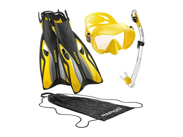 Rapido Boutique Collection Italian Design Premium Tempered Glass Lens Anti-Fog Panoramic View Frameless Snorkel Mask, Elite Dry Snorkel Tube, Quick Adjust Fins - Mask Fin Snorkel Set