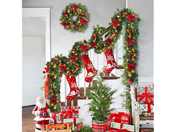 WANNA-CUL Pre-Lit 6' Red/Gold Christmas Garland - Gallery 3