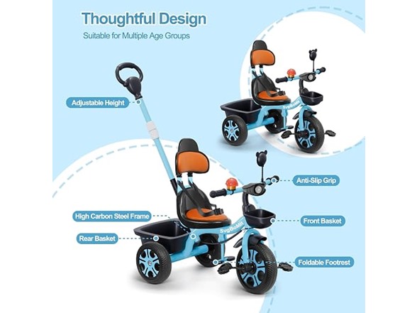 Kids Tricycle w/ Push Bar Storage Basket- Choose Color