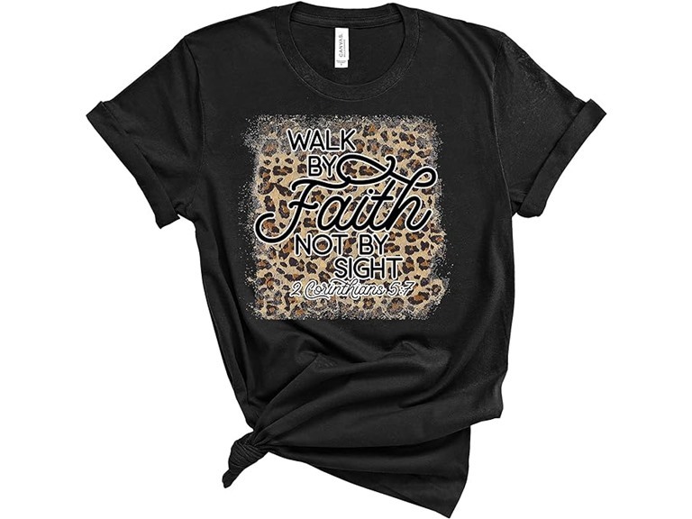 Love in Faith | Walk by Faith Leopard Short Sleeve | Graphic Print Christian Shirts | Faith-Based Apparel | Black | Unisex | Medium