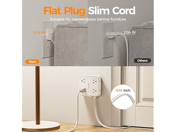 TESSAN 5ft Cord 900J Power Strip (8 Outlets, 3 USB)