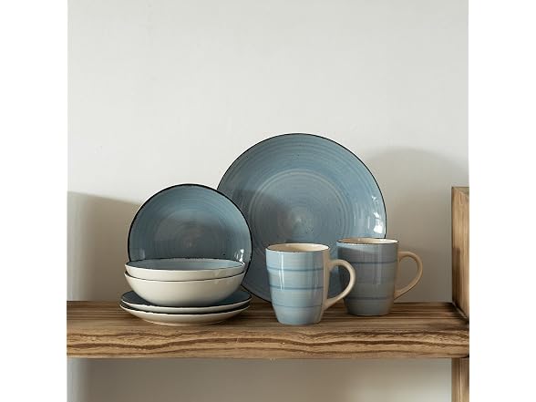 64-Pc Dinnerware Set for 16 Swirl Glazed Finish Blue