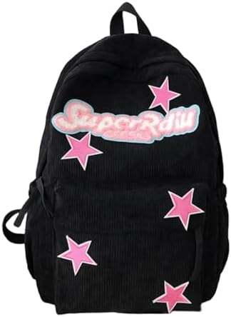 Cute Backpack for Women Star Y2K Kawaii Aesthetic Fluffy Corduroy Dayback Bag (Black)