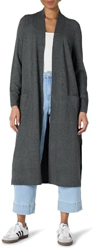 Amazon Essentials Women's Regular Fit Lightweight Duster Length Cardigan Sweater, Charcoal Heather, Small