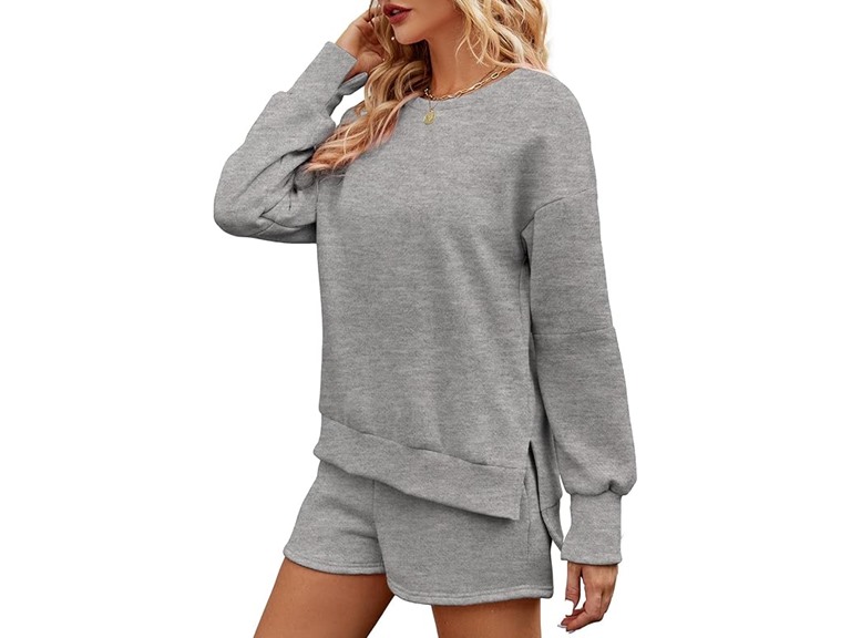 FKEEP Women 2 Piece Outfits Sweatsuit Sweatshirt Fall Clothes for Womens Fashion Long Sleeve Tops Shorts Sweatshirts Girls Winter Clothes