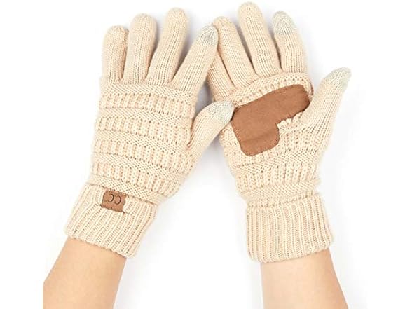 C.C Women Solid Ribbed Glove Smart Tips Beige