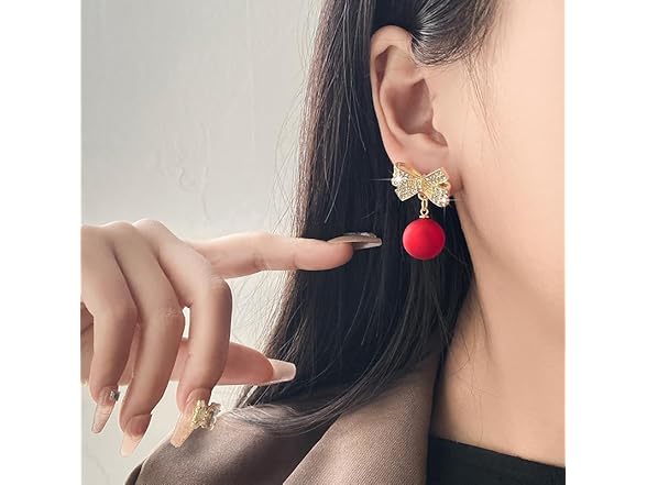 Bow Earrings Rhinestone Red