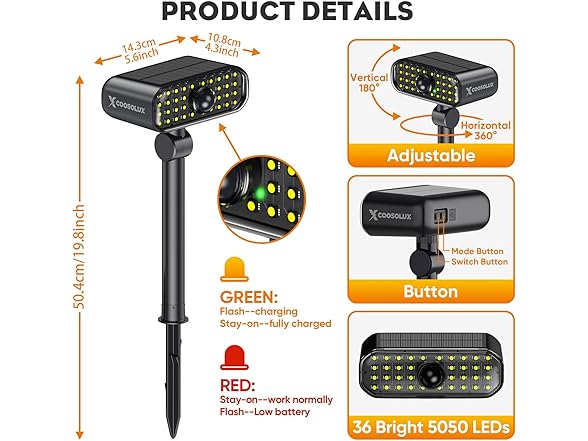 Solar Motion Sensor Landscape Spotlights, LED, 2 Pack