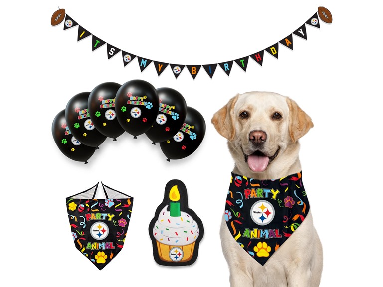 NFL Pittsburgh Steelers Dog Birthday Party Set 9pcs with 1 Football Bandana Small/Medium, 1 Banner, 1 Birthday Cake Toy & 6 B-Day Balloons, Dog Birthday Set, Costume, Fun Doggie Pawty Accesories