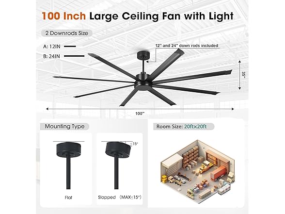 Parrot Uncle F8014 100" Large Industrial Ceiling Fan Black