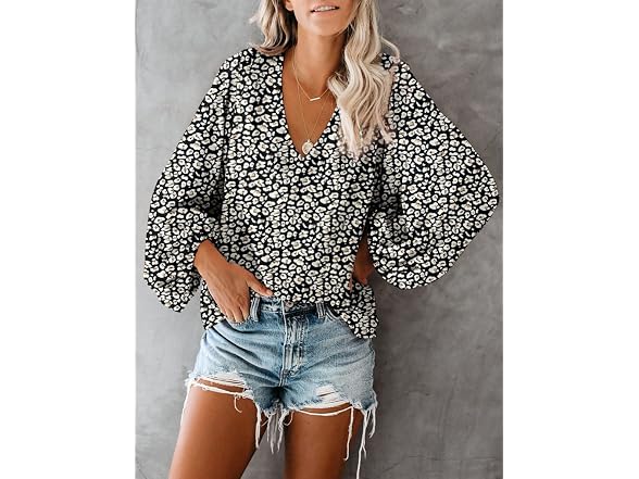 Qearal Women (M) Blouse V Neck Fashion Puff Shirts