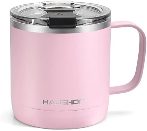 HAUSHOF 14 oz Coffee Mug, Insulated Coffee Mug with Handle, Travel Camping Cup, Portable Stainless Steel Coffee Cup, Insulated Coffee Cups with Lid, Pink