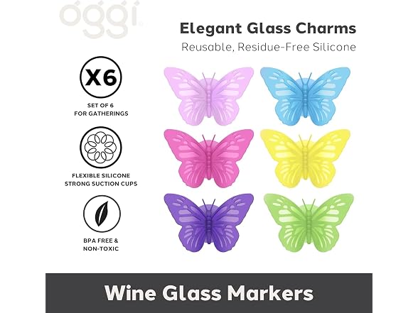 Oggi Set of 6 Silicone Butterfly Suction Wine Glass Charms 
