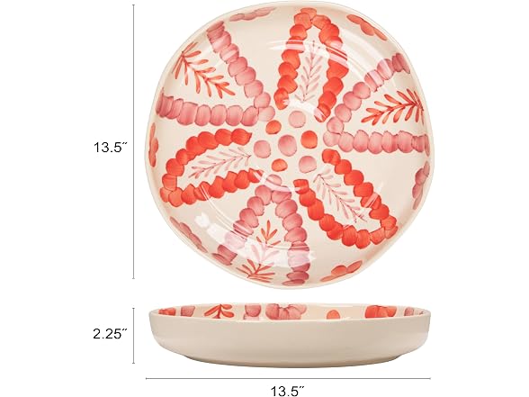 Creative Co-Op Hand-Painted Stoneware Low Bowl with Botanical Design, Multicolor