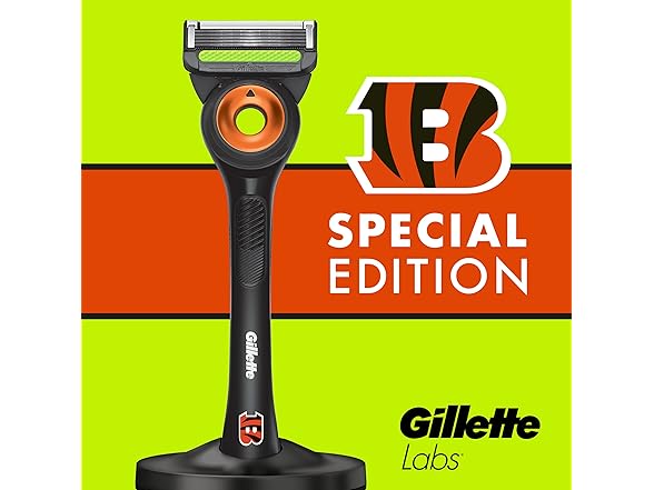Gillette Labs Special NFL Bengals Edition Shaving Razor for Men - 1 Handle, 4 Razor Blade Refills & Magnetic Stand, GilletteLabs with Exfoliating Bar