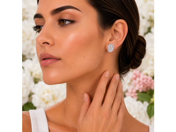 S/S Silver Tone Oval Cluster Cubic Zirconia Stud Earrings