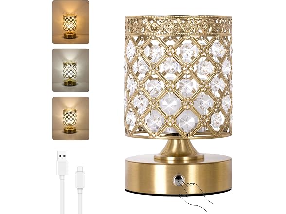 TOBUSA Gold Crystal Rechargeable Cordless Table Lamp