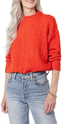 Amazon Essentials Women's Cable Knit Sweater, Soft-Touch Modern Crewneck, Poppy Red, X-Small, Plus Size Available