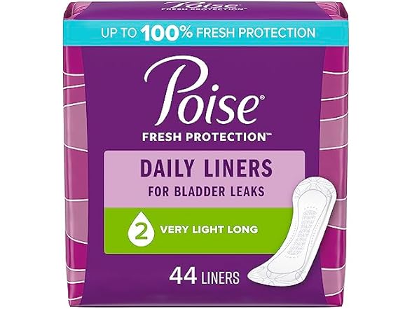 Poise Daily Incontinence Panty Liners, Long, 44 Ct