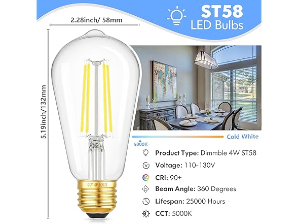 Dimmable ST58 Antique Clear Vintage Edison LED Bulbs