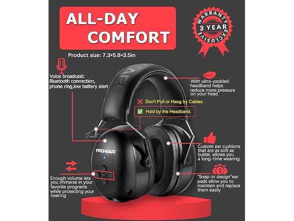 PROHEAR 037 Bluetooth 6.0 Hearing Protection Headphones