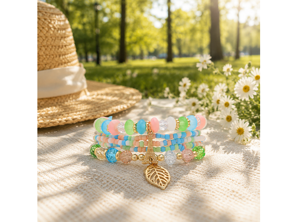 Stretch Beaded Bracelet Stack with Leaf Charm