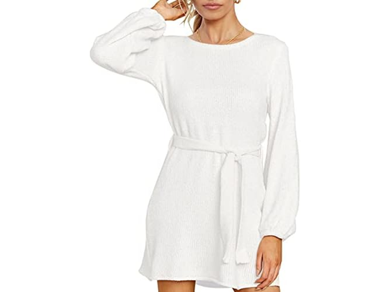 HAPCOPE Women's Long Sleeve Sweater Dress w/ Belt White L