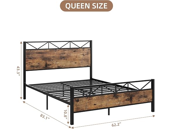 GAOMON Queen Metal Bed, Rustic Wood