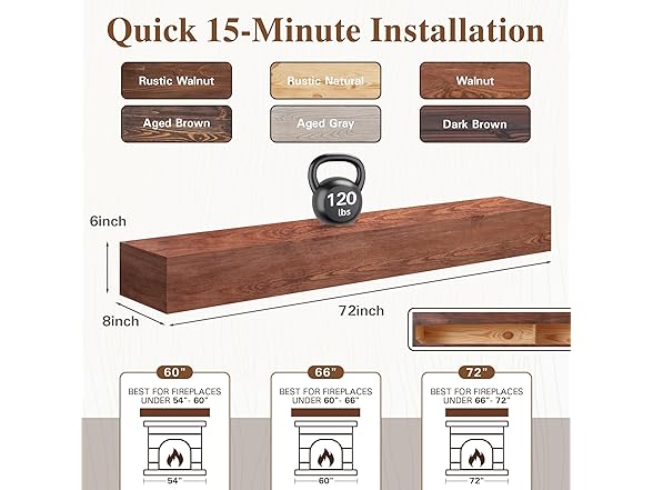 Eshoma Fireplace Mantel, 72 Inch Handcrafted Wood Mantles for Over Fireplace, Wall Mounted Fireplace Mantel Shelf, Floating Mantel Shelf for Living Room Decor, Walnut (Open Box)