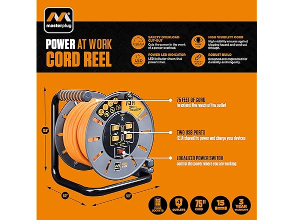 Masterplug 75ft Cord Reel with USB