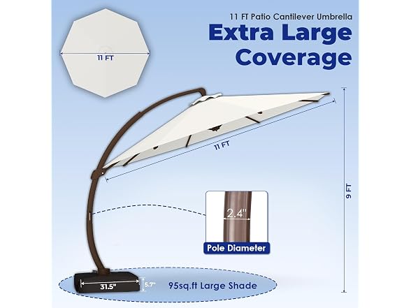 BRIOPAWS 11FT-Cantilever-Patio-Umbrella-with-Base-Included