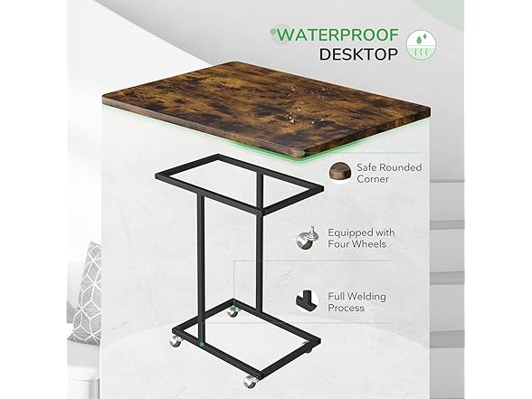Novilla End Table, C-Shaped Side Table w Rolling Casters