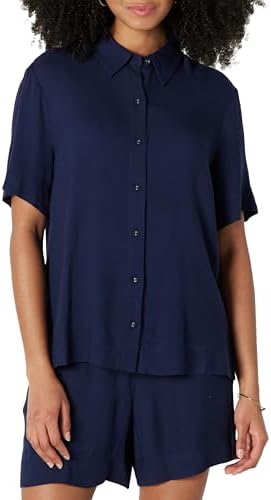 Amazon Essentials Women's Relaxed-Fit Fluid Twill Button-Down Shirt (Short Sold Separately), Navy, Medium