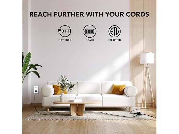 HBN Extension Cord, 3-Pack 3FT Black, 2 Prong