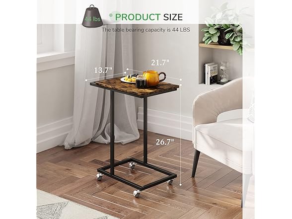 Novilla End Table, C-Shaped Side Table w Rolling Casters