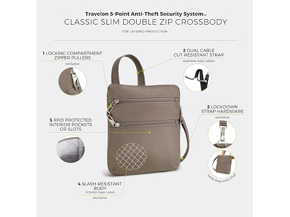 Travelon Anti-theft Classic Slim Double Zip Crossbody