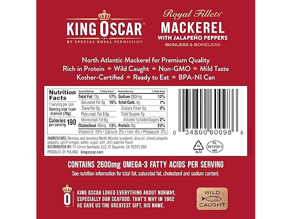 1PK King Oscar Skinless & Boneless Mackerel, Jalapeno
