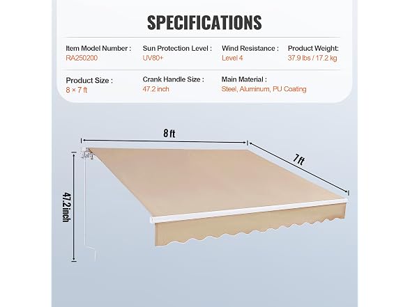 Manual Retractable Awning, 8 x 7 ft Outdoor