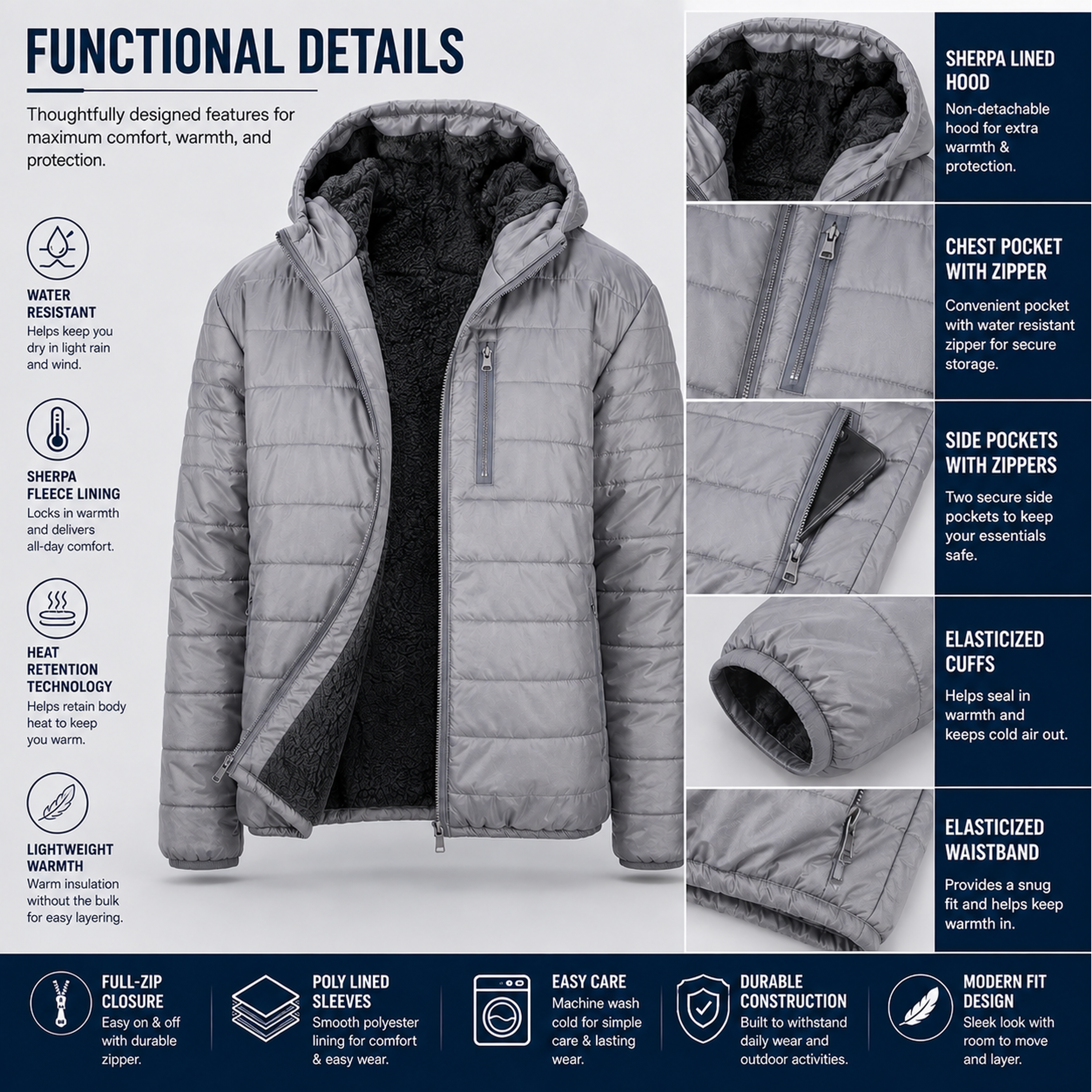 Mens Sherpa-Lined Hooded Puffer Jacket - Gallery 21