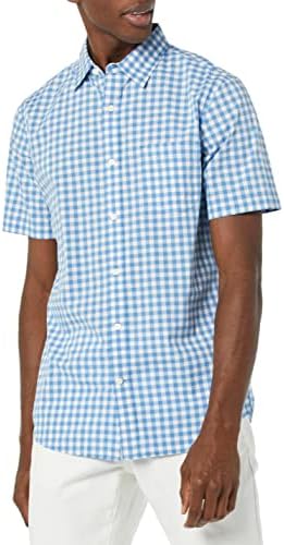 Amazon Essentials Men's Slim-Fit Short-Sleeve Poplin Shirt, Light Blue White Gingham, X-Large
